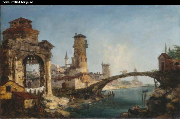 Workshop of Michele Marieschi Fantastic landscape with ruins.